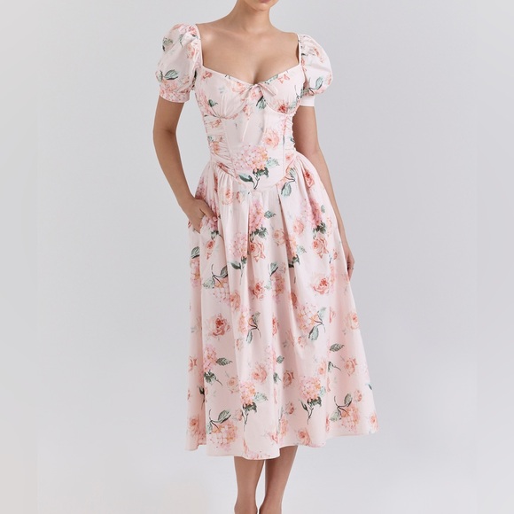House of CB Lulabell Peach Floral Cotton Puff Sleeve Midi Dress Corset Back A-C - Picture 2 of 15